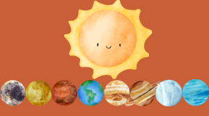 A cartoon Sun shining above a row of cartoon planets