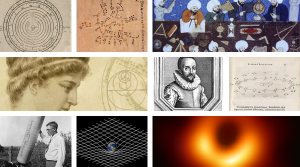 A collage of images of significant figures and discoveries from the history of astronomy