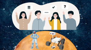An illustration of the planet Mars with an astronaut and robot on it. Above the planet, several people are having a discussion.