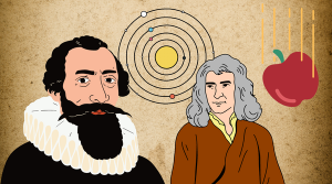 This is a cartoon image of Johannes Kepler and Isaac Newton with a parchment-like background. A diagram of a planet's orbit is featured in the middle behind the figures. To the right of the figures, is a cartoon of an apple falling.