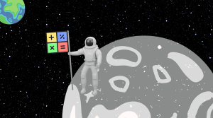 A cartoon of an astronaut standing on the Moon holding a flag. On the flag, there are the add, subtract, multiple and divide symbols