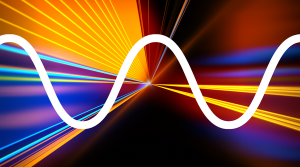 An abstract bright background with light rays shining from the middle of the picture. The structure of a wave is superimposed over the top.