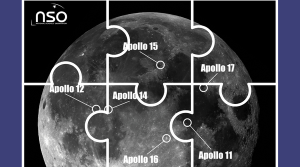 The top two thirds of the full Moon. Labels show where the 6 Apollo Missions landed. The Picture is divided up into 6 jigsaw pieces.