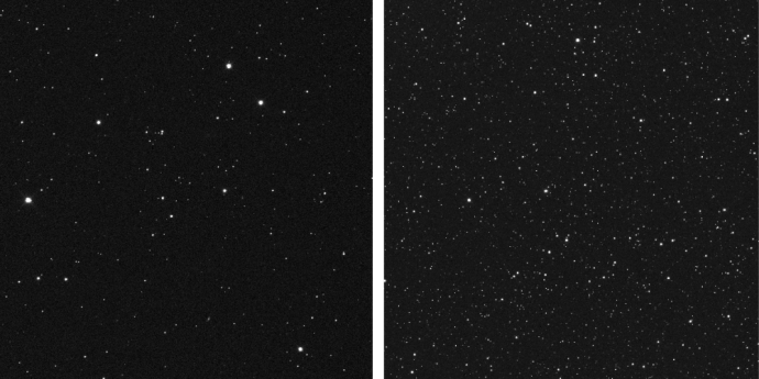 Two images of the night sky side-by-side. Both have a black fuzzy background with white dots of stars. The sky on the left has much fewer stars than the sky on the right.
