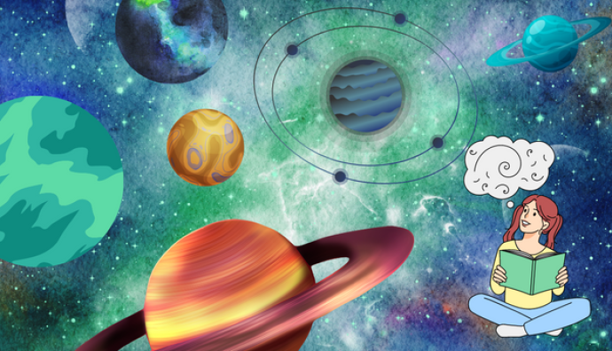 An arty and colourful background with planet pictures laid on top, and a women sitting closs-legged thinking.