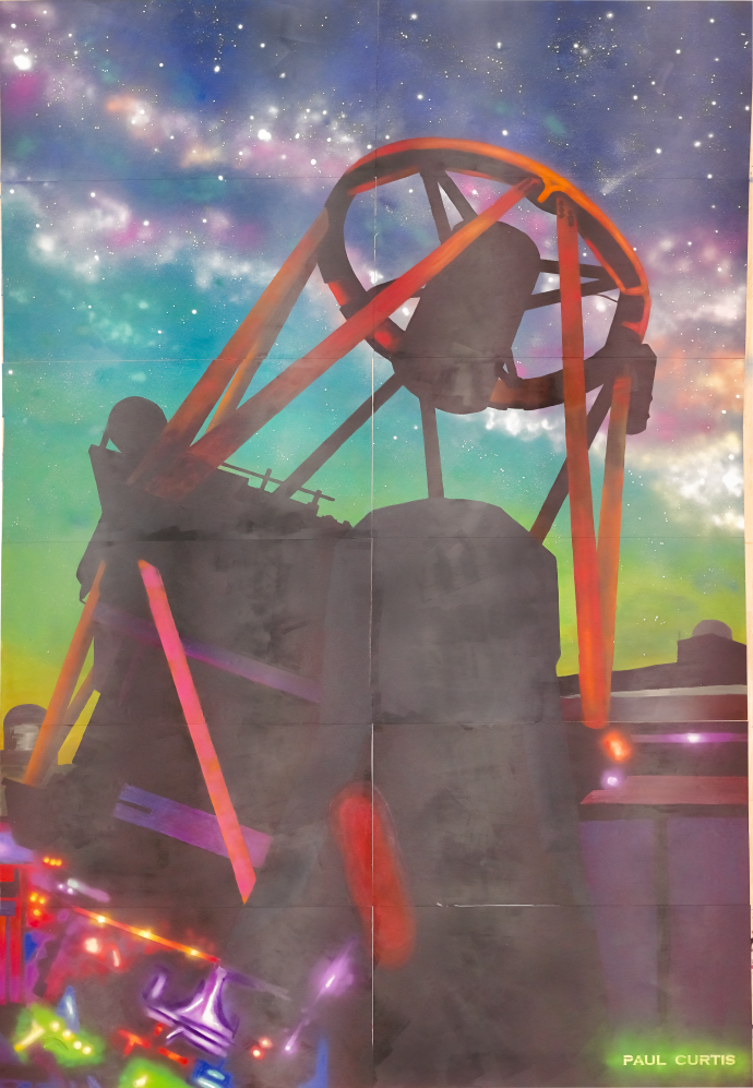 A photograph of a painted mural showing a large telescope with a starry, colourful sky in the background